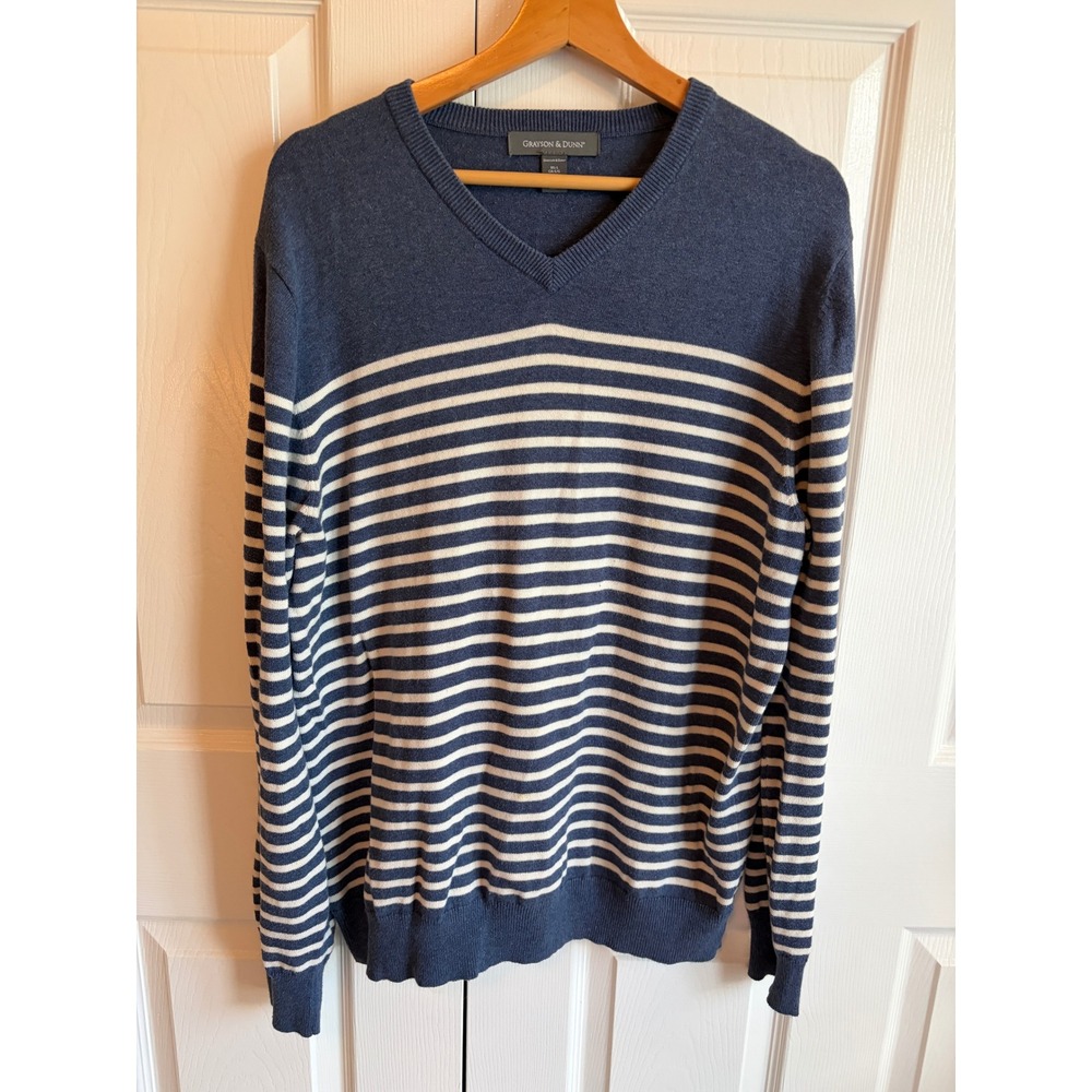Grayson & Dunn Mens Large Blue White Striped V-Neck Cotton Sweater Pullover